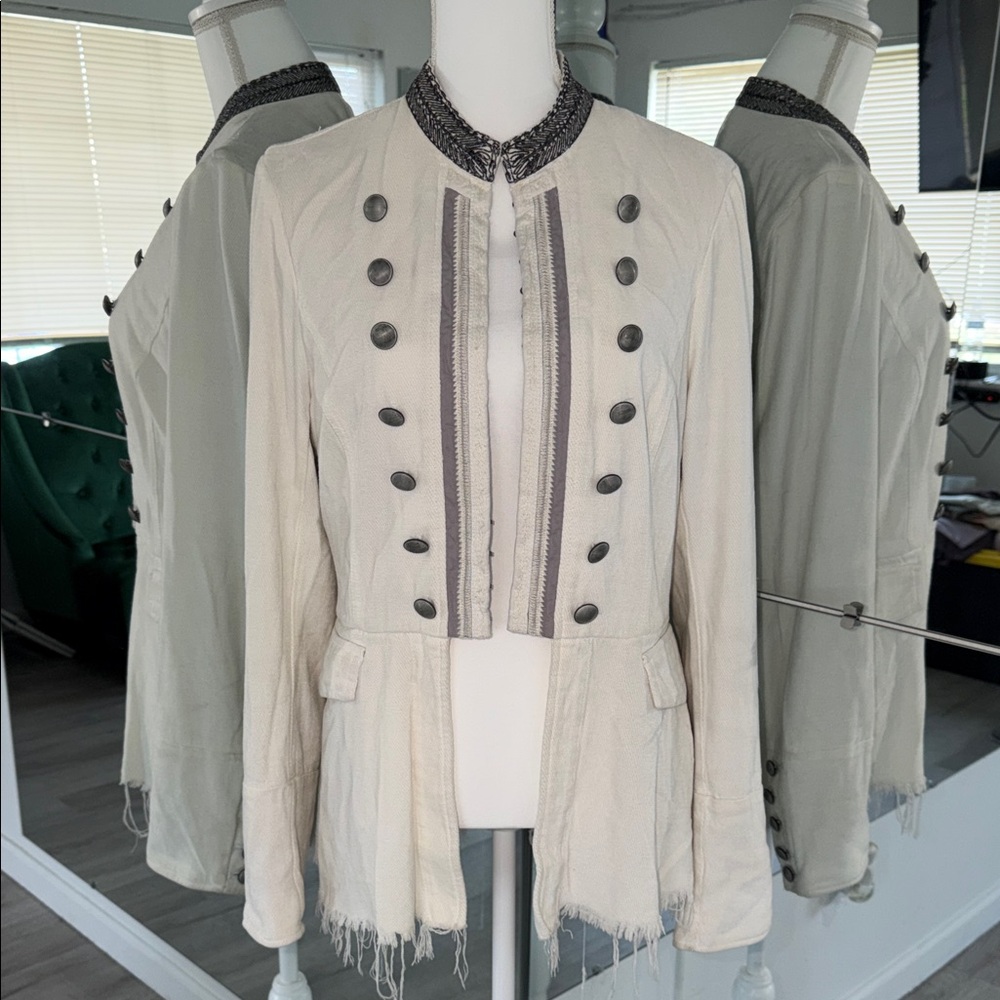 Free People Cream Military-Style Blazer with Embellished Trim